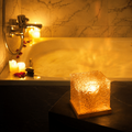 Cube LED table lamp with textured clear shade and wood-effect base