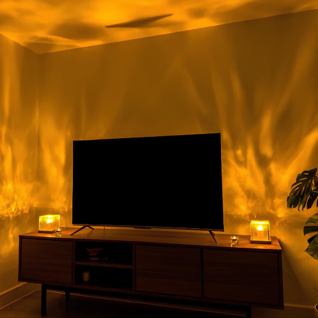Cube LED table lamp with textured clear shade and wood-effect base