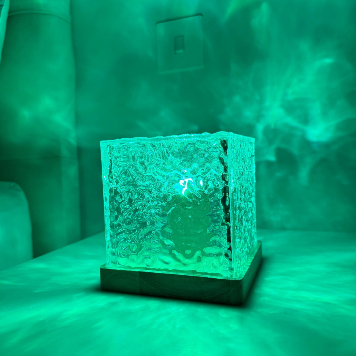 Cube LED table lamp with textured clear shade and wood-effect base