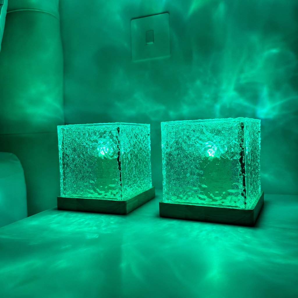 Cube LED table lamp with textured clear shade and wood-effect base