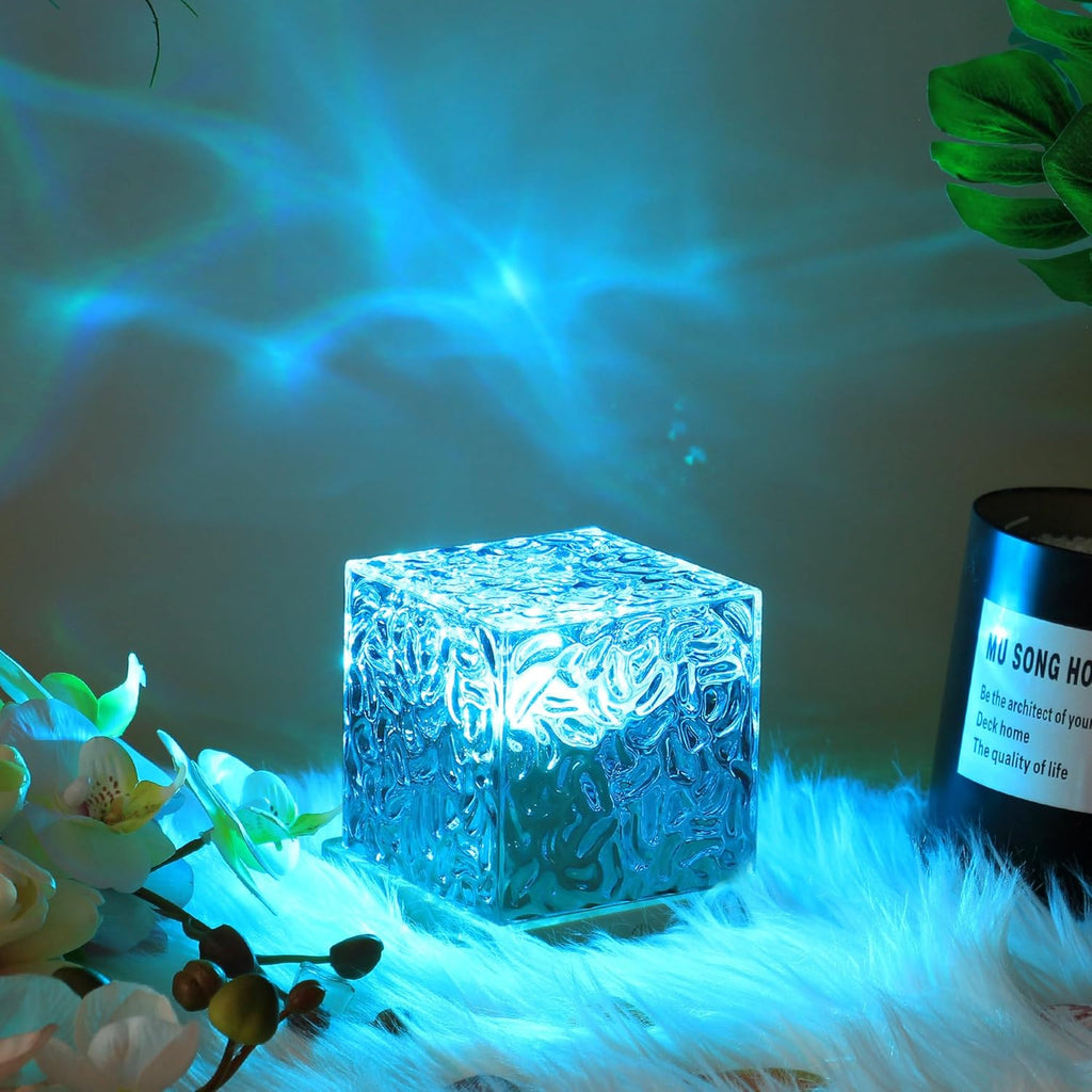 Cube LED table lamp with textured clear shade and wood-effect base