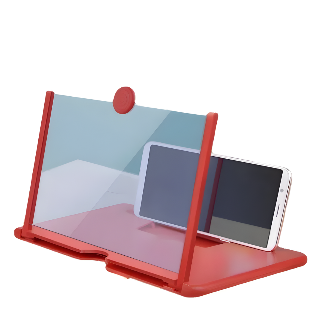 Folding smartphone screen magnifier with phone holder and clear lens panel