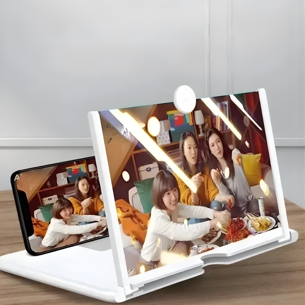 Folding smartphone screen magnifier with phone holder and clear lens panel