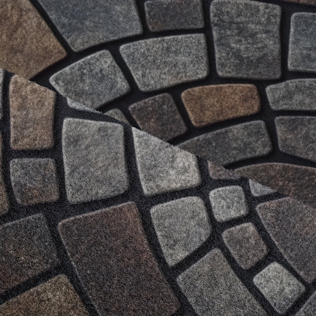 Grey half-circle door mat with geometric mosaic pattern