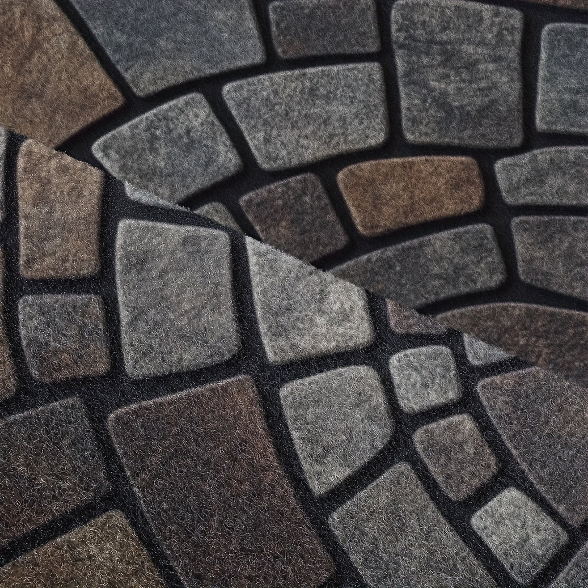 Grey half-circle door mat with geometric mosaic pattern
