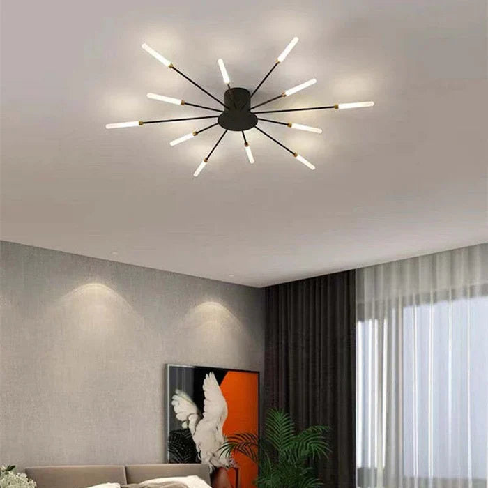 Radial LED ceiling light with sunburst arms and white light bars