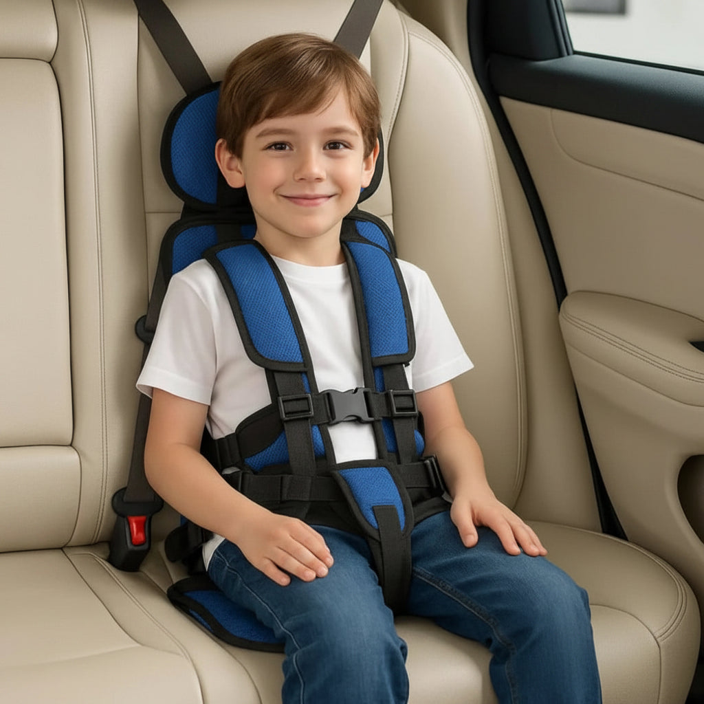 Portable child car seat harness with padded head and shoulder support