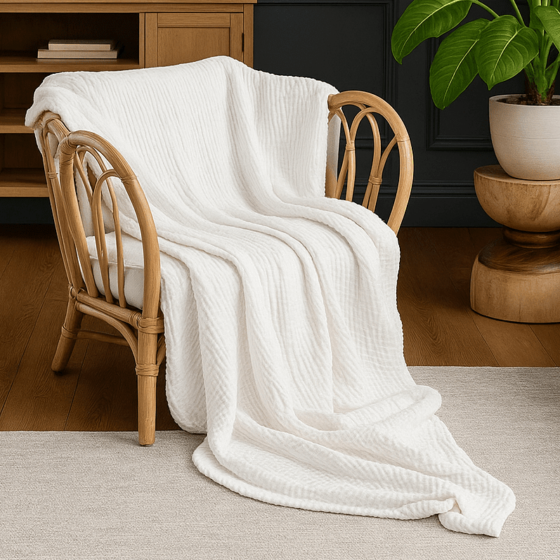 Textured wavy throw blanket draped over a chair