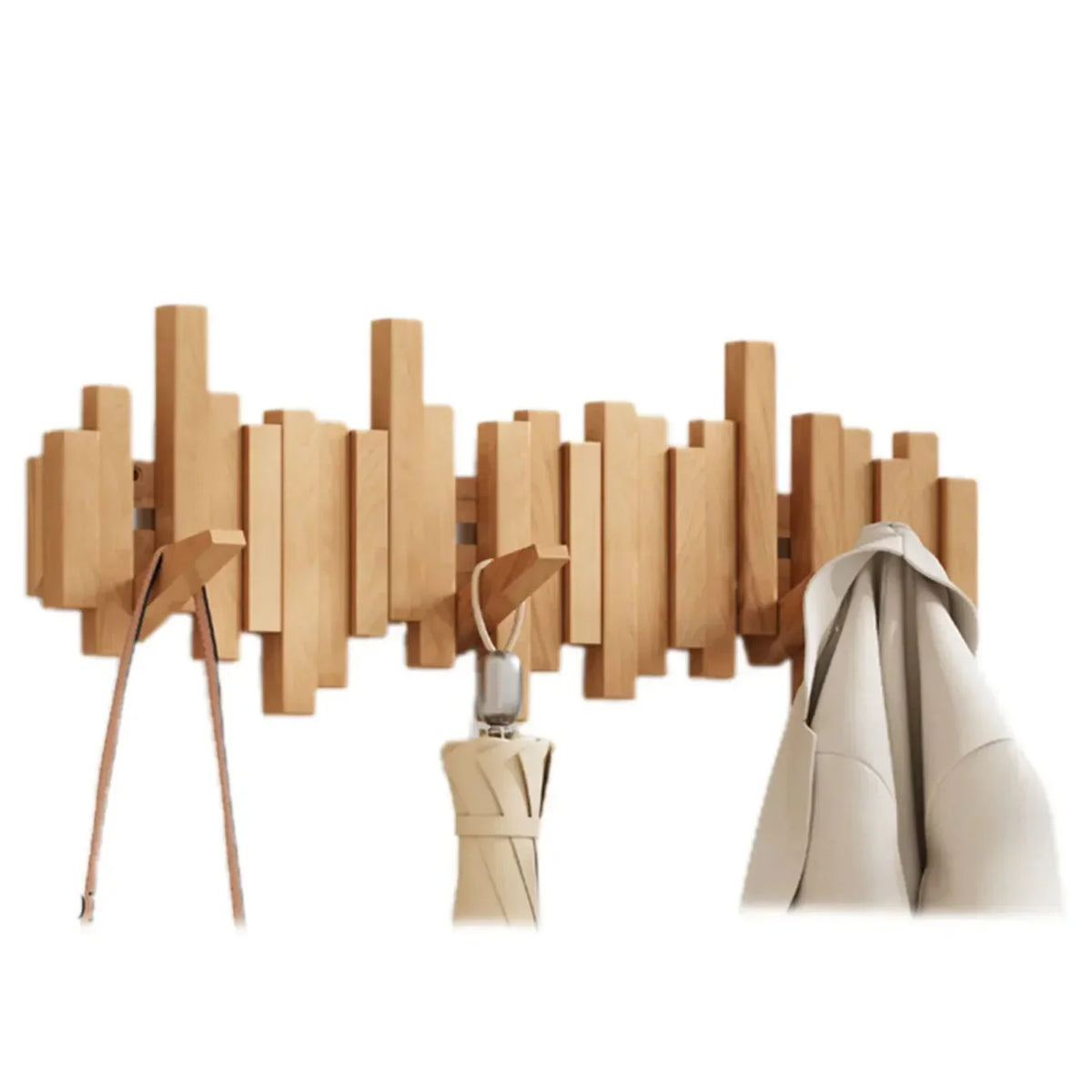 Wall mounted coat rack with staggered wood-effect pegs