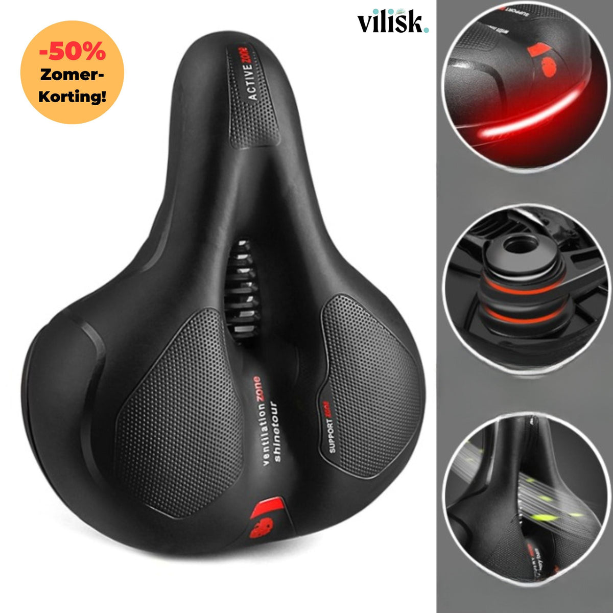 Ergonomic bicycle saddle with ventilated centre and textured comfort panels