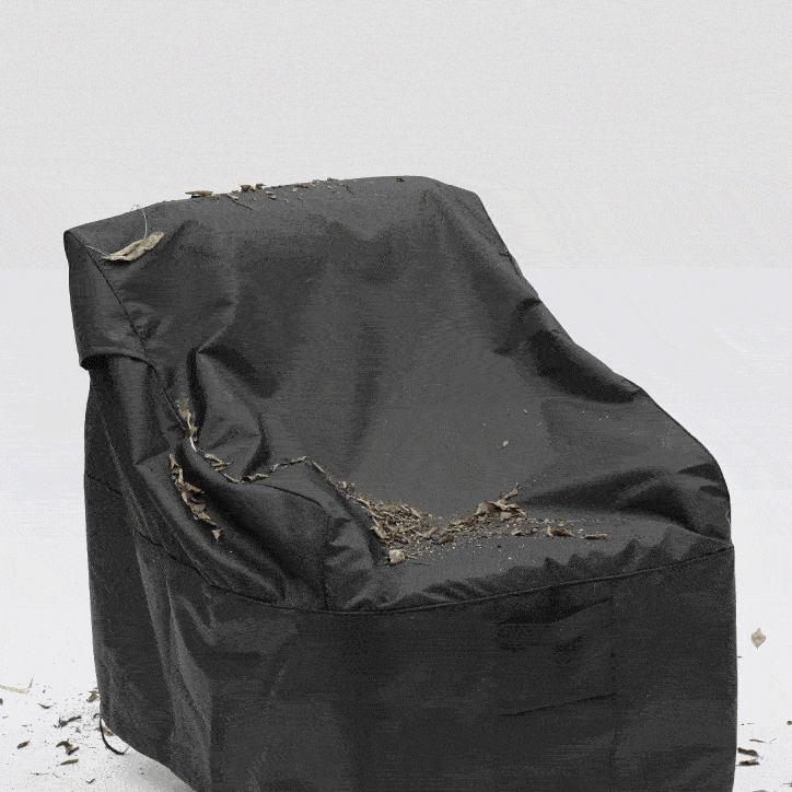 Outdoor patio chair cover with front pocket and side fastening tabs