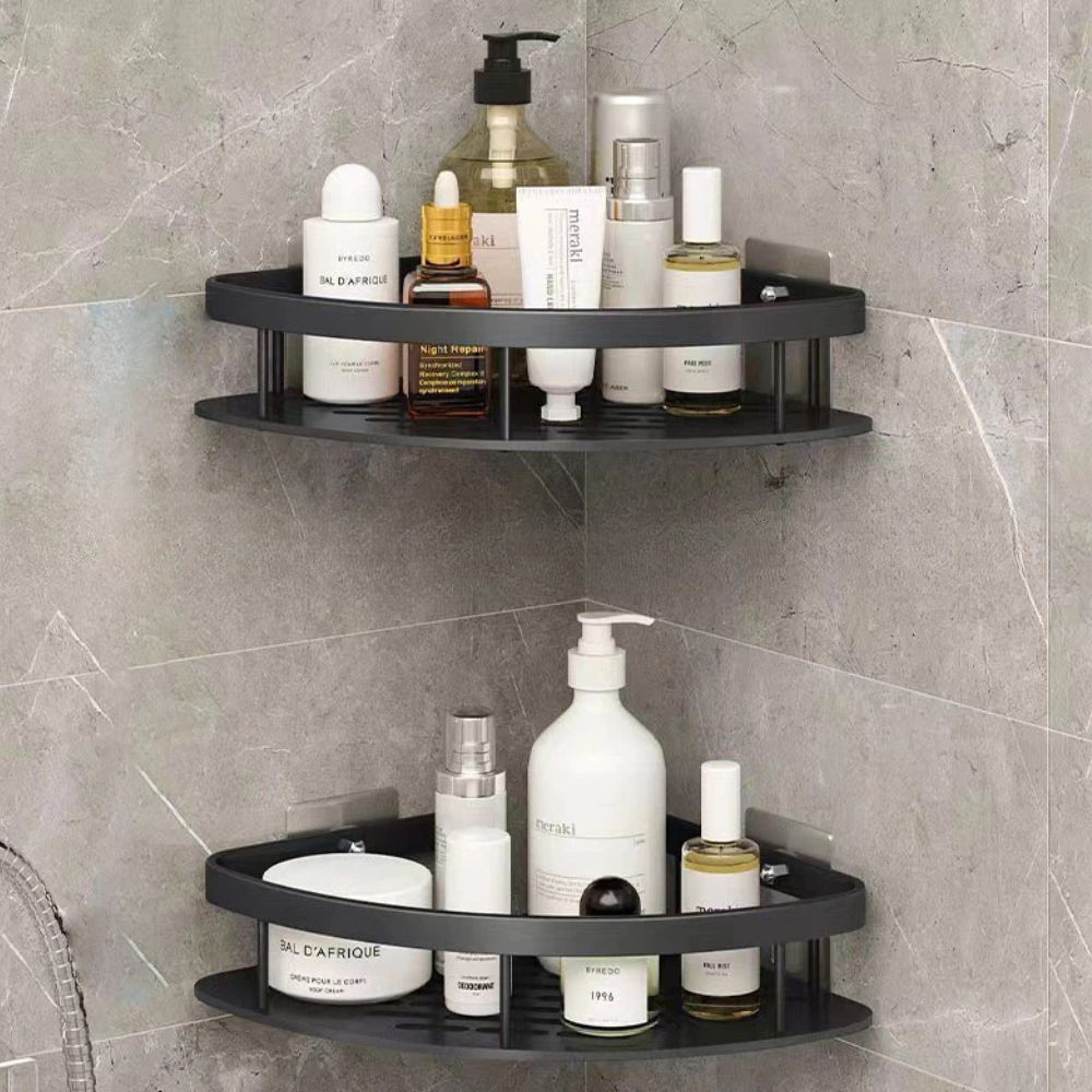 Two-tier corner shower caddy with slotted shelves and adhesive wall plates