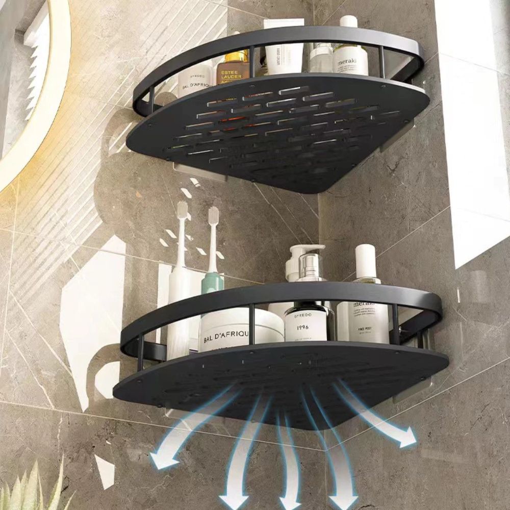 Two-tier corner shower caddy with slotted shelves and adhesive wall plates