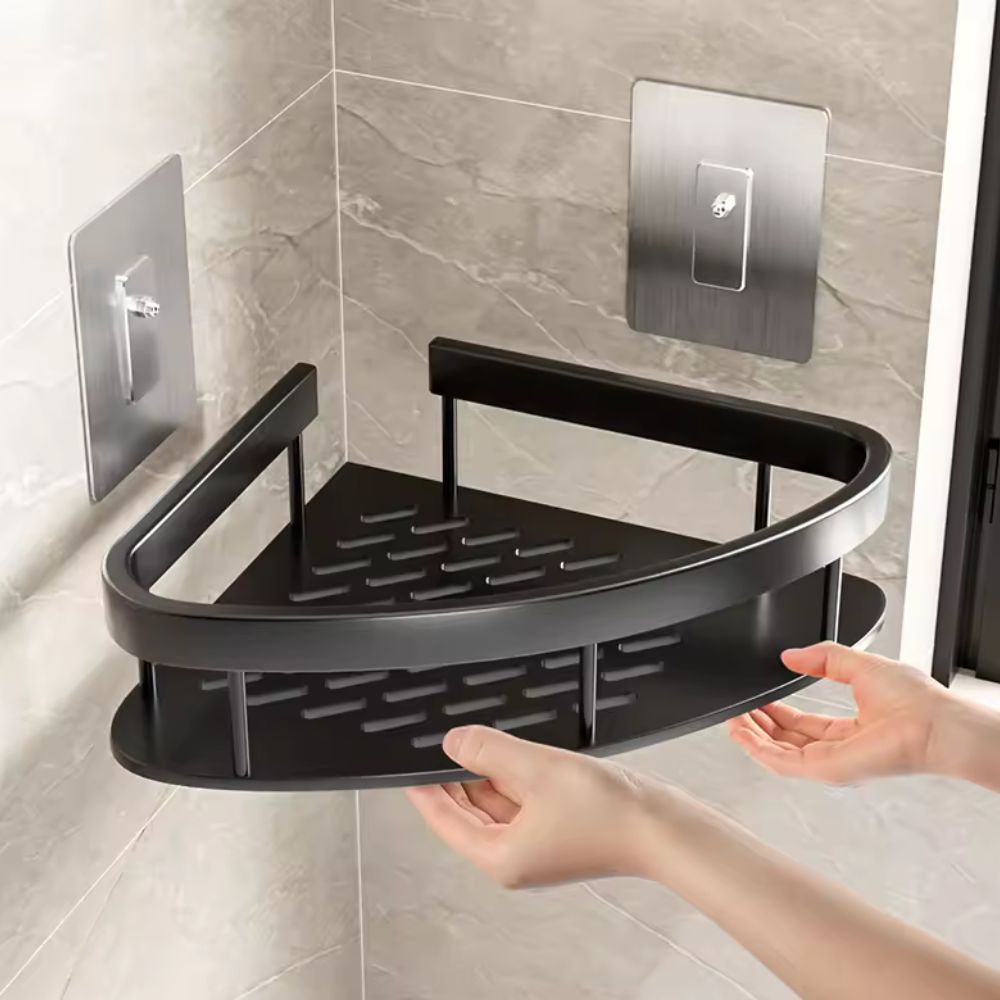 Two-tier corner shower caddy with slotted shelves and adhesive wall plates