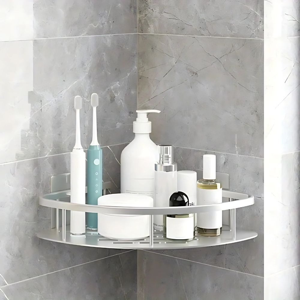 Two-tier corner shower caddy with slotted shelves and adhesive wall plates