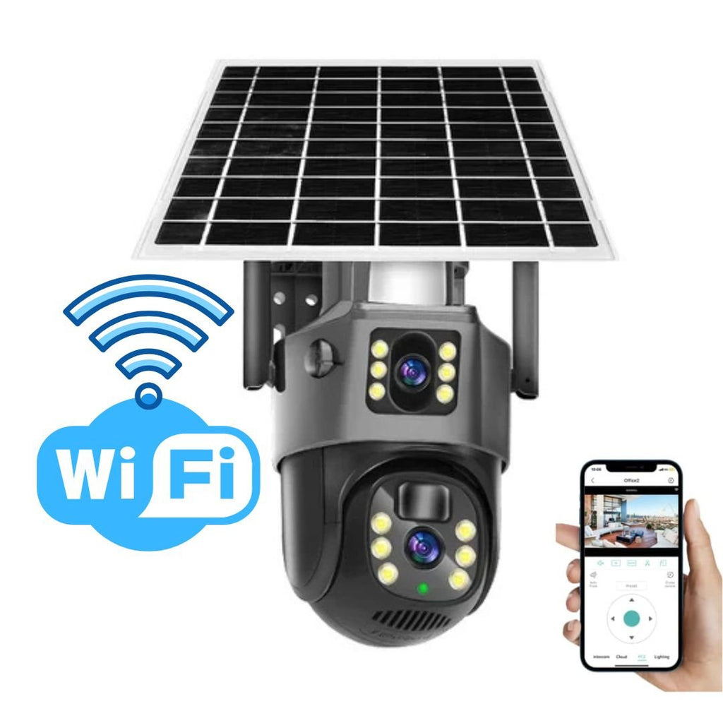 Grey and black dual-lens solar security camera with integrated solar panel