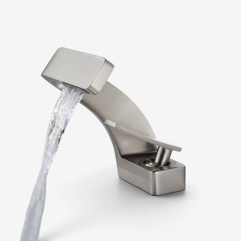 Curved basin mixer tap with rectangular waterfall spout and single lever
