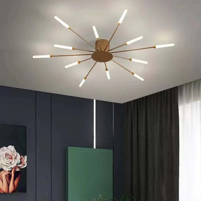 Radial LED ceiling light with sunburst arms and white light bars
