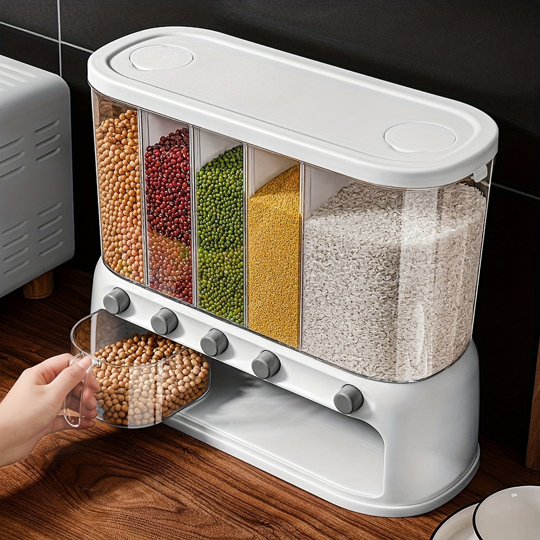 White multi-compartment grain dispenser with clear storage sections and pull-out container