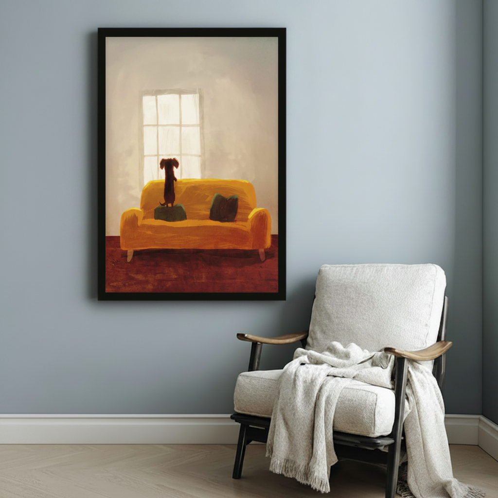 Dachshund standing on an orange sofa in a warm framed wall art print