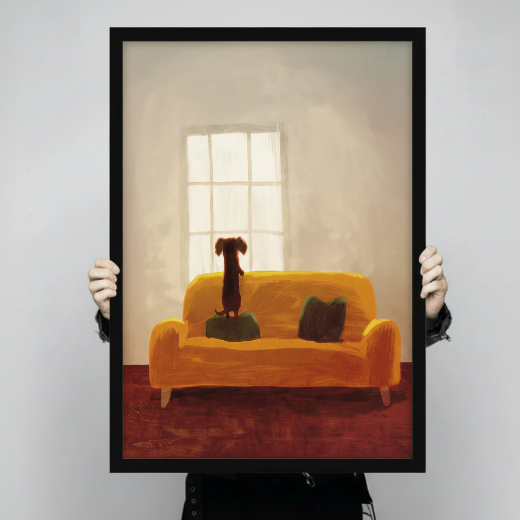 Dachshund standing on an orange sofa in a warm framed wall art print