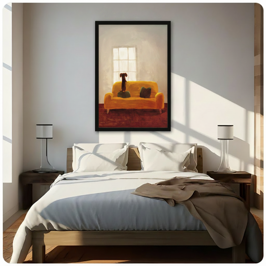 Dachshund standing on an orange sofa in a warm framed wall art print