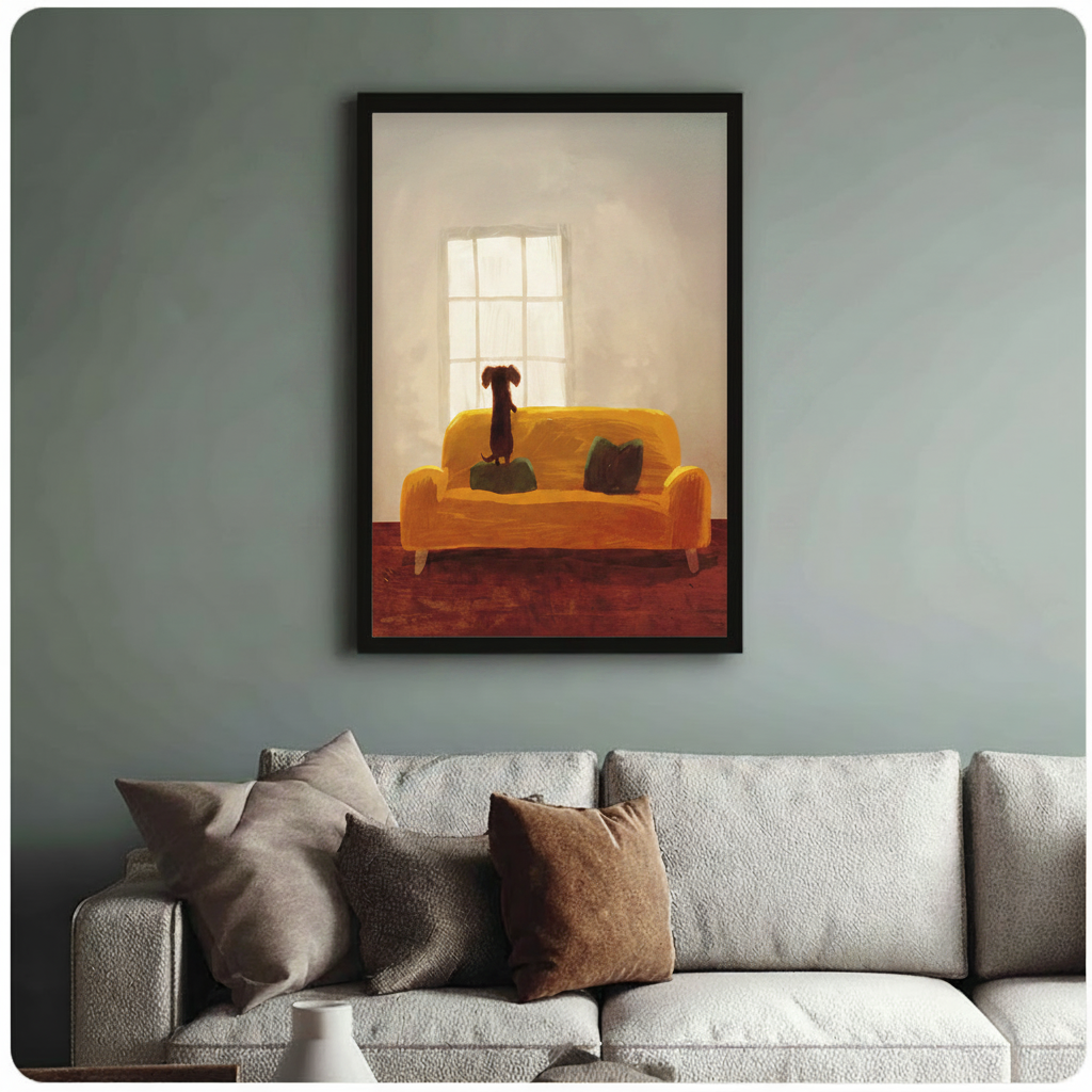 Dachshund standing on an orange sofa in a warm framed wall art print
