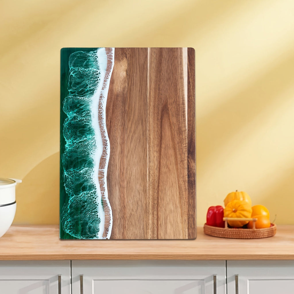 Rectangular wood-grain cutting board with an ocean-inspired resin wave edge