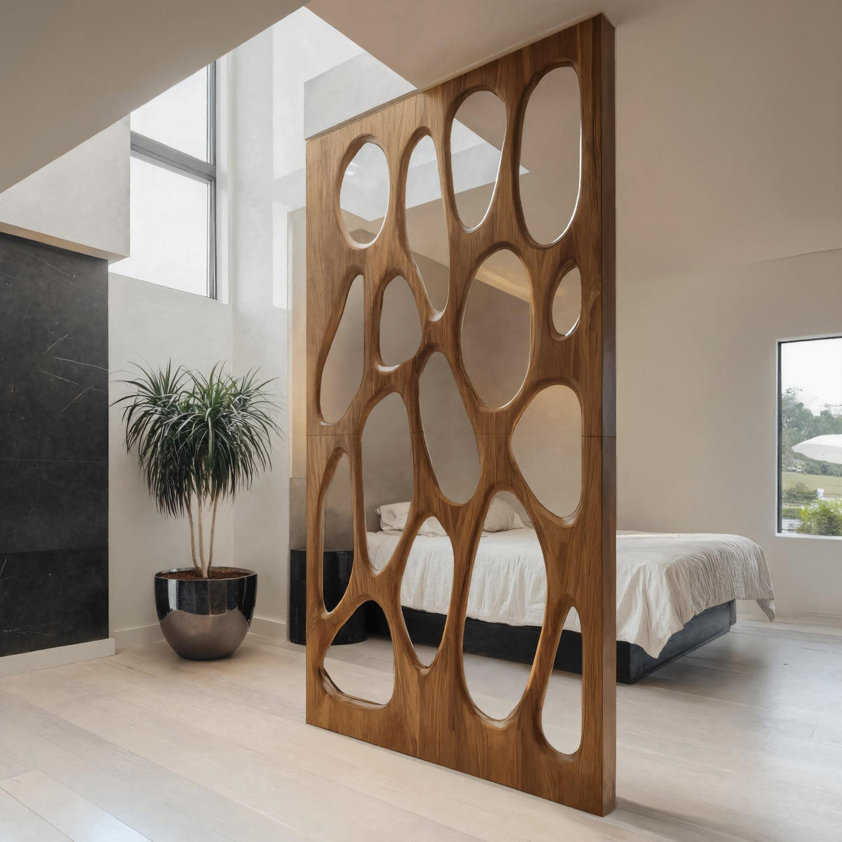 Tall room divider panel with organic cut-out openings and wood-effect finish