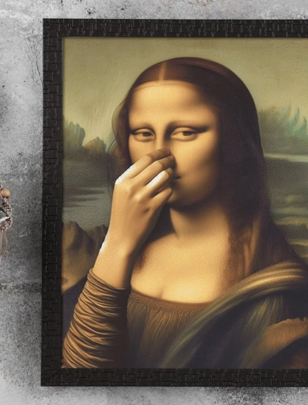 Framed humorous Mona Lisa portrait wall art with a black textured frame