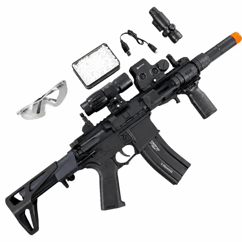 Black gel blaster rifle with magazine, optics, gel beads, USB cable and safety glasses