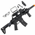 Black gel blaster rifle with magazine, optics, gel beads, USB cable and safety glasses