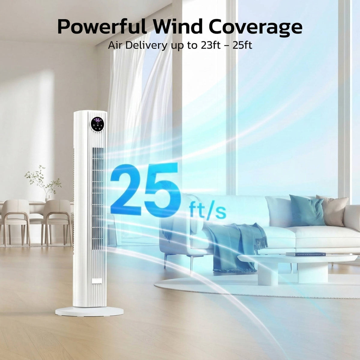 White portable tower air cooler with digital display and round base