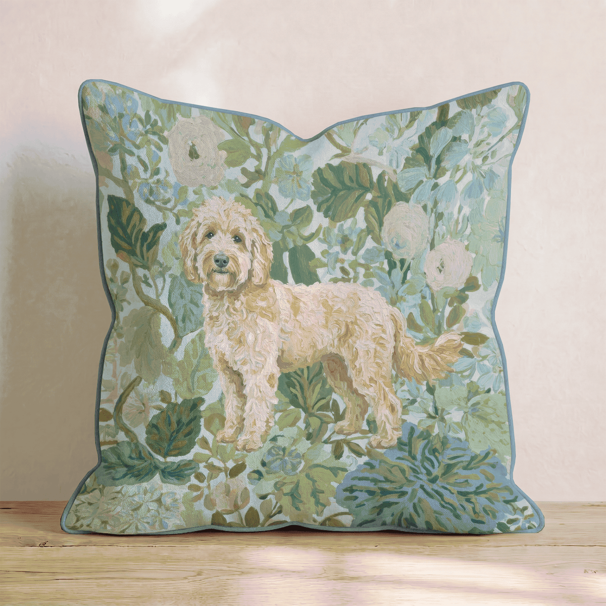 Blue floral throw pillow with a standing dog design and piped trim