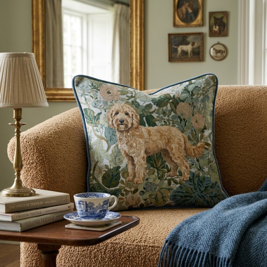 Blue floral throw pillow with a standing dog design and piped trim
