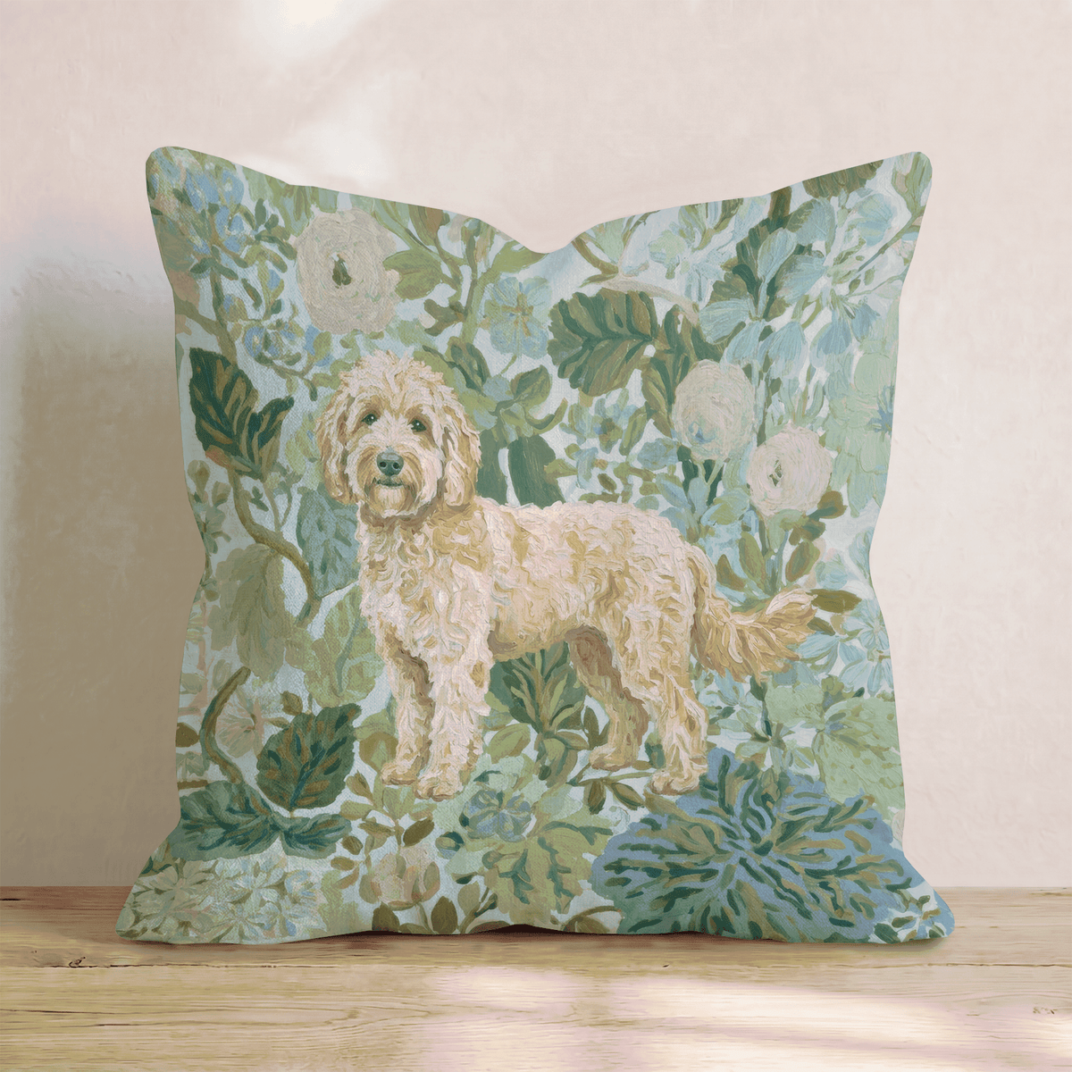Blue floral throw pillow with a standing dog design and piped trim