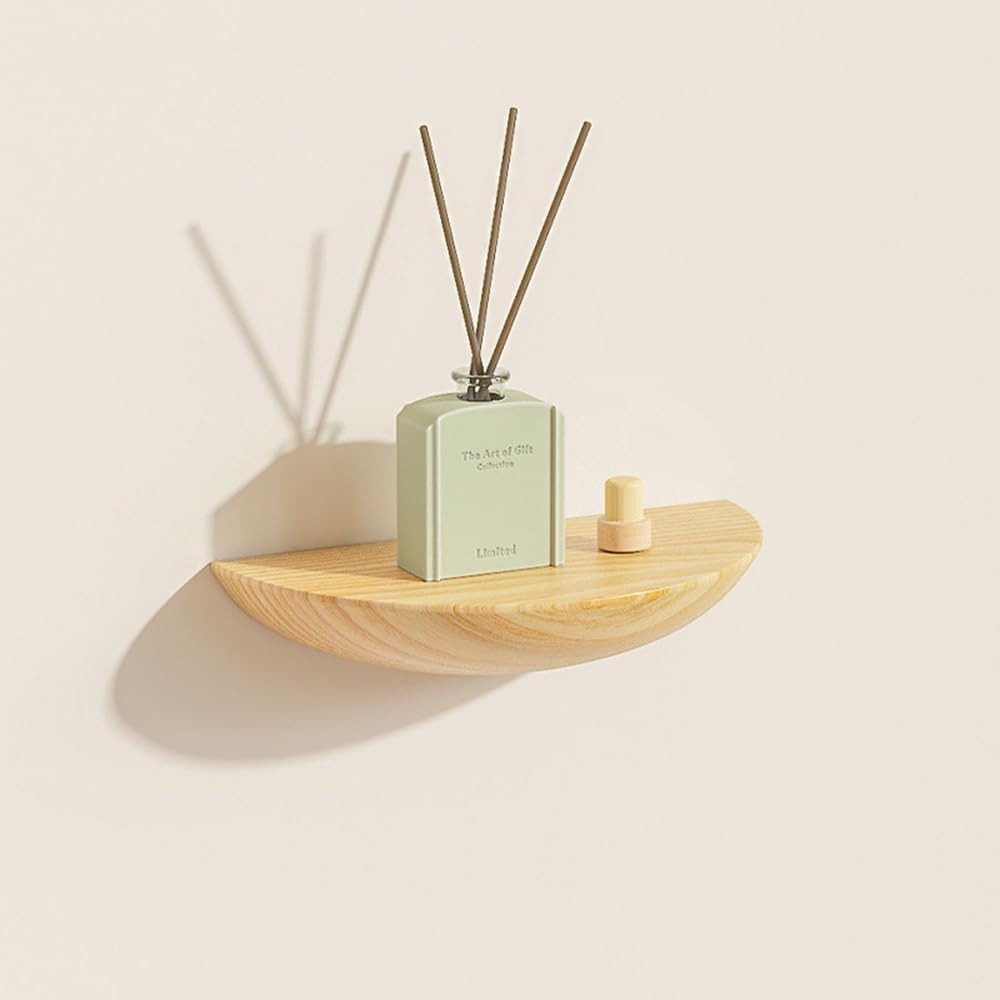 Half-round floating wall shelf with curved front edge and wood-effect finish