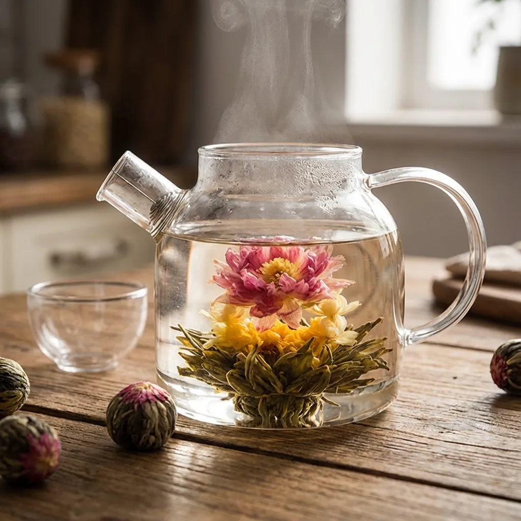 18 assorted blooming flower tea balls in a compartmented kraft presentation box with gift bag