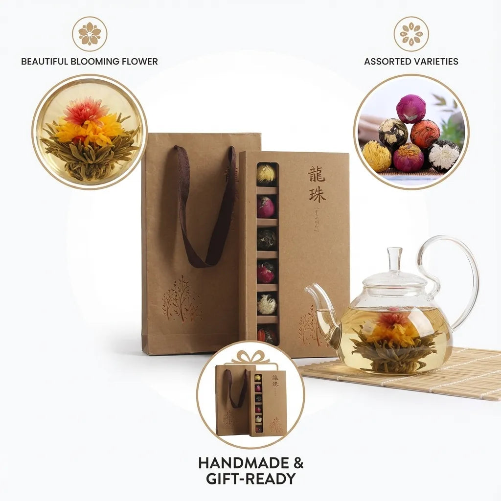 18 assorted blooming flower tea balls in a compartmented kraft presentation box with gift bag