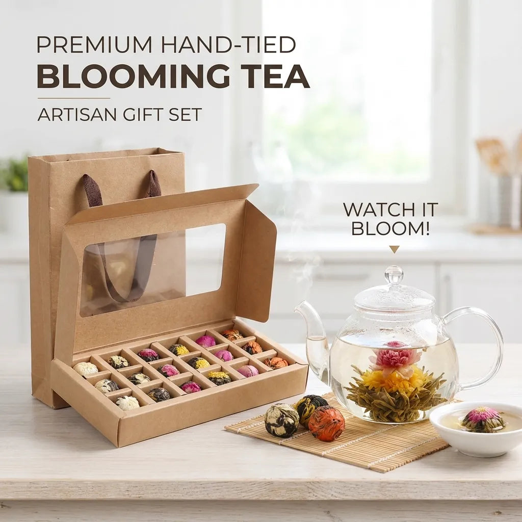 18 assorted blooming flower tea balls in a compartmented kraft presentation box with gift bag