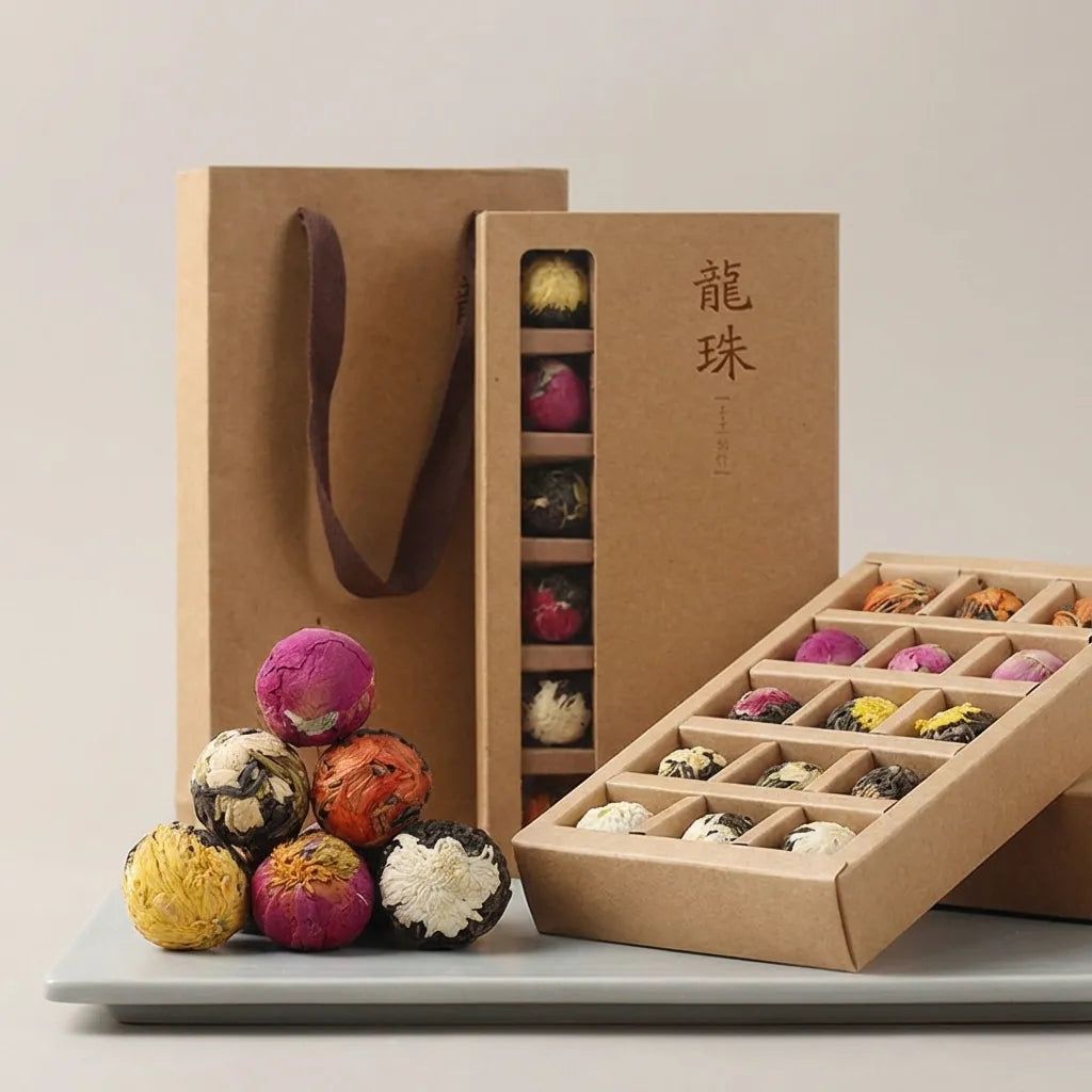 18 assorted blooming flower tea balls in a compartmented kraft presentation box with gift bag