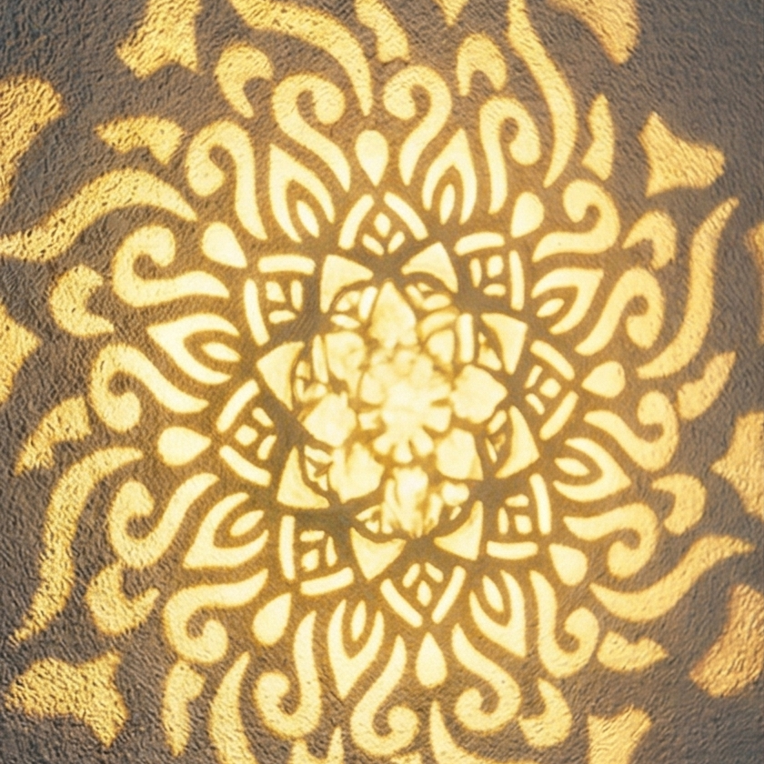Black solar mandala projector light casting a geometric pattern outdoors