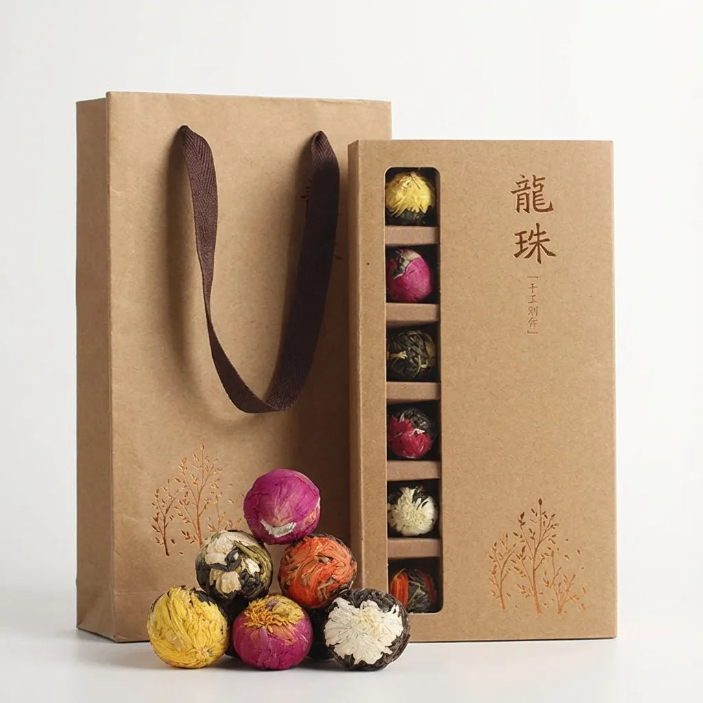 18 assorted blooming flower tea balls in a compartmented kraft presentation box with gift bag