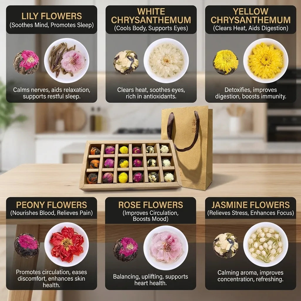 18 assorted blooming flower tea balls in a compartmented kraft presentation box with gift bag