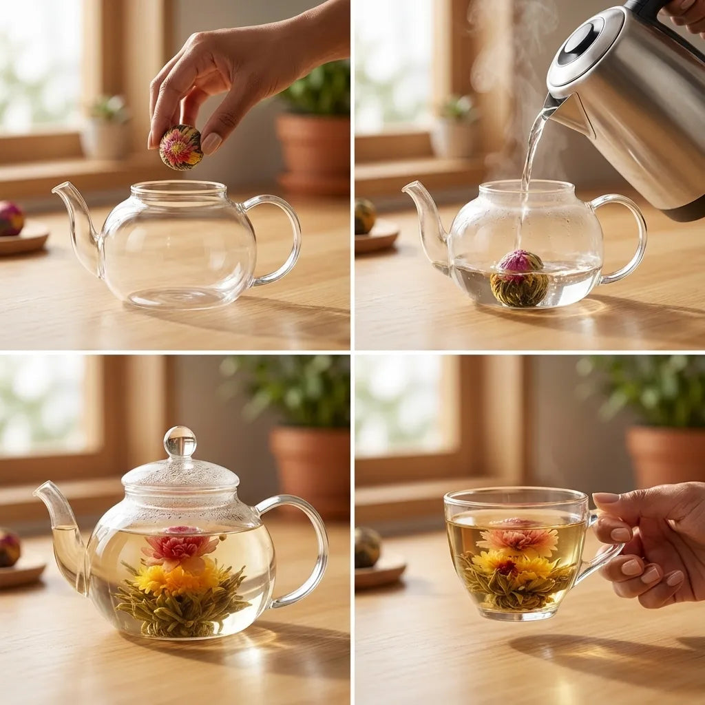 18 assorted blooming flower tea balls in a compartmented kraft presentation box with gift bag