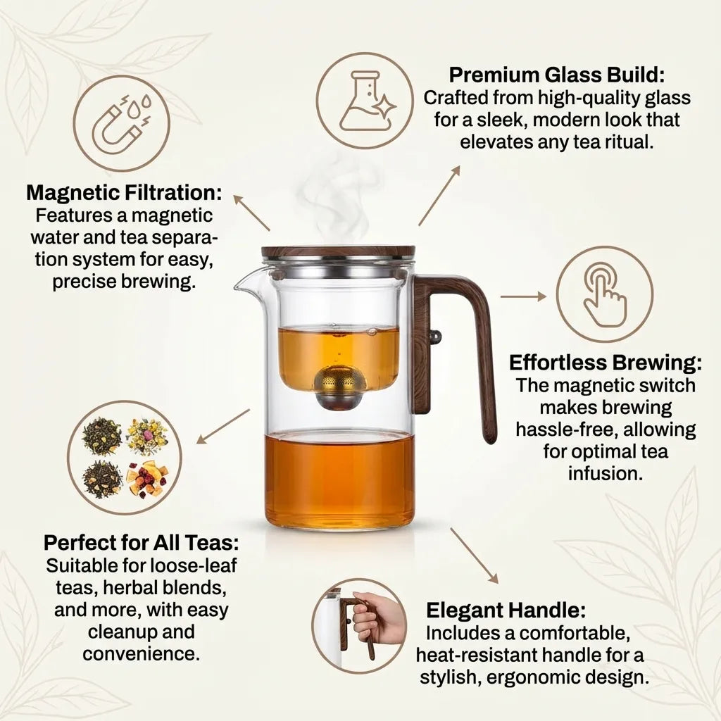 Clear glass tea infuser teapot with brown wood-effect handle and lid