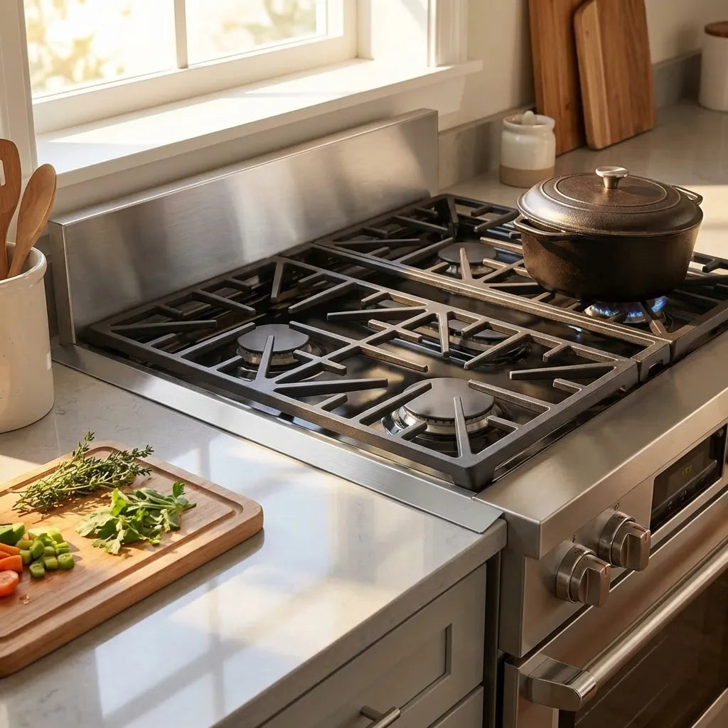 Stainless steel stove gap covers beside a cooker and kitchen worktop