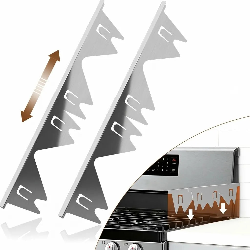 Stainless steel stove gap covers beside a cooker and kitchen worktop