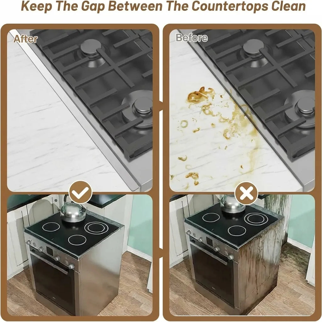 Stainless steel stove gap covers beside a cooker and kitchen worktop