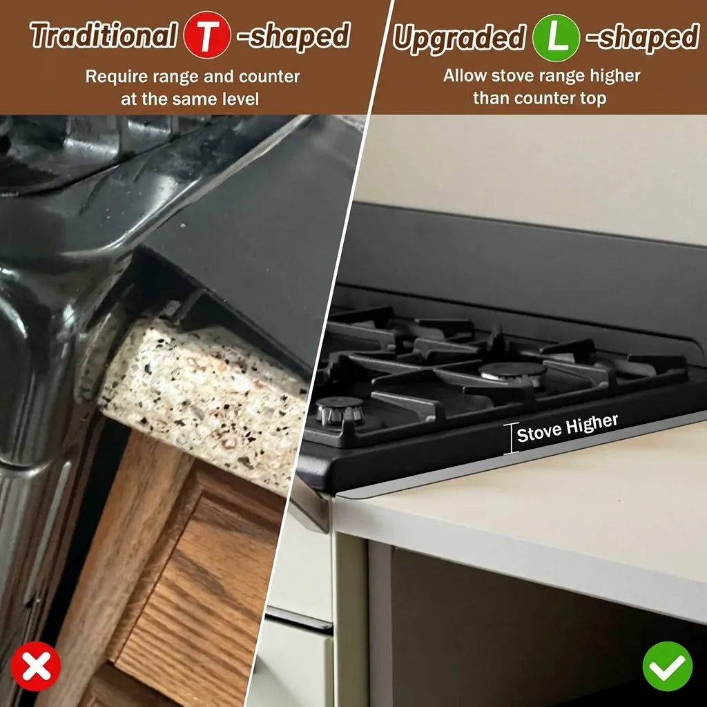 Stainless steel stove gap covers beside a cooker and kitchen worktop